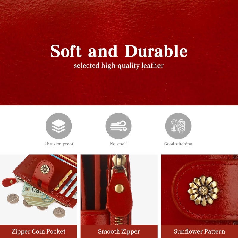 Blucoay Leather Wallet Women,RFID Blocking Womens Wallet Bifold Compact Card Holder Small Wallet for Women with Removable ID Window Winered - Image 5
